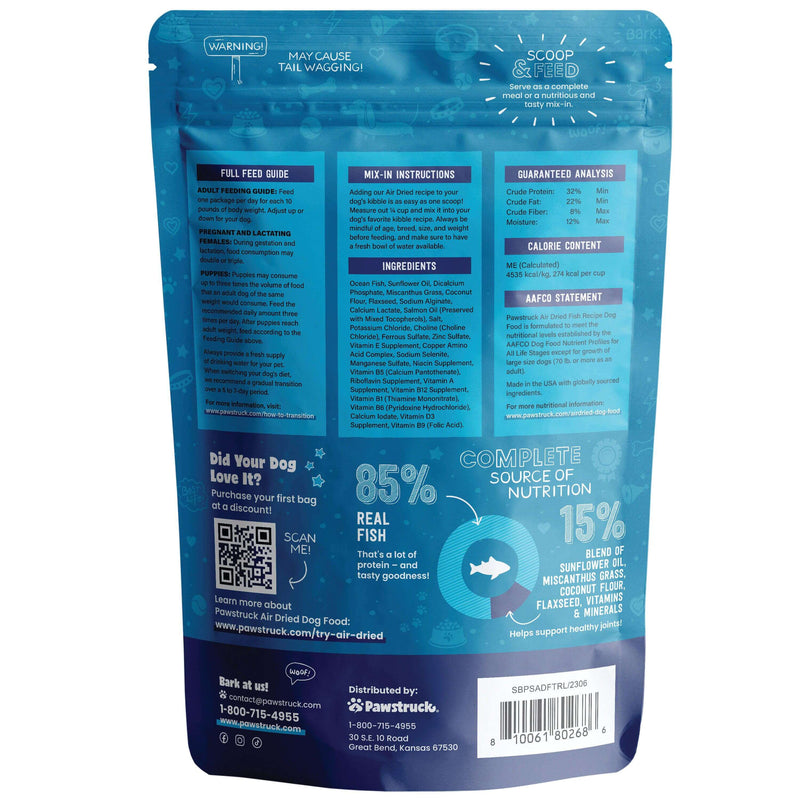Back of blue bag of air dried fish flavored dog food with product information