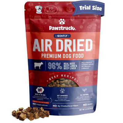 Trial Size red and blue bag of beef air dried dog food