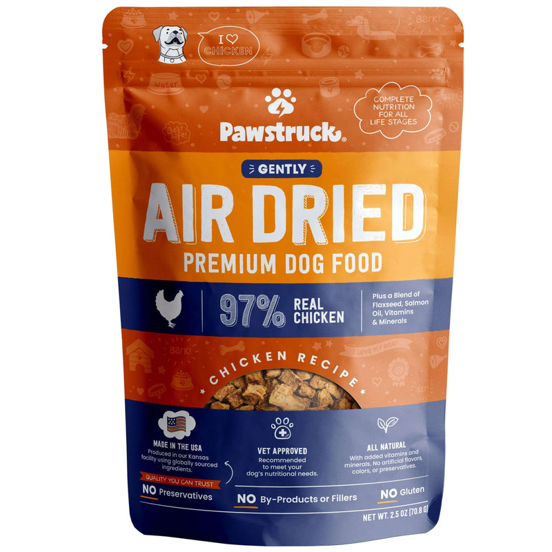 Orange trial size bag of chicken flavored air dried dog food