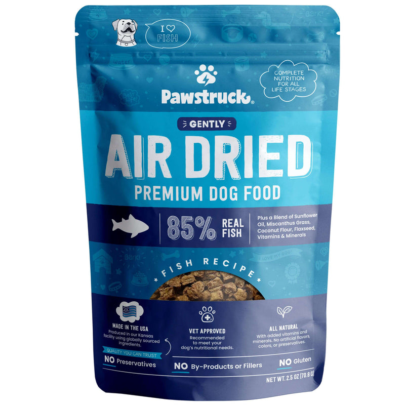 Blue trial size bag of Fishflavored air dried dog food