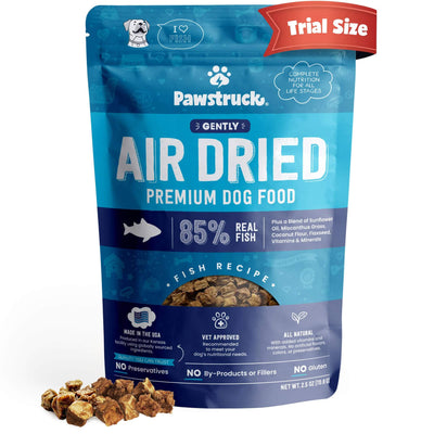 Trial size of a blue bag of Fish Flavor Air Dried Dog Food