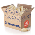 Open cardboard box of Pawstruck cow ears with a '100 count' label on a white background