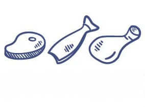 Three simple blue outline drawings of food items—a steak, a fish fillet, and a chicken leg—on a plain white background.