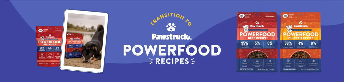 Promotional banner for Pawstruck Powerfood recipes, featuring a tablet showing a dog on a leash, several red and orange dog food bags, and large white text reading 'Transition to Pawstruck Powerfood Recipes' on a blue gradient background.