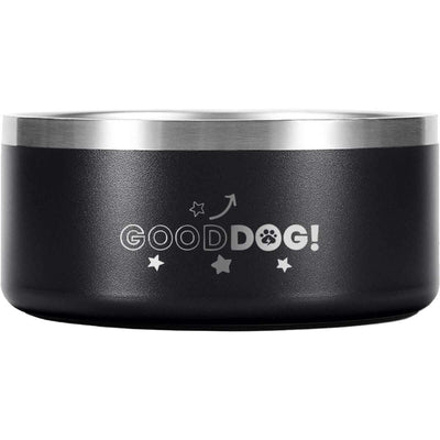 Black and stainless steel dog bowl with the writing "Good Dog!"