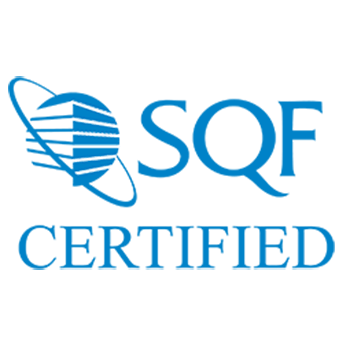 Blue SQF Certified logo with globe icon featuring horizontal lines and orbital ring design