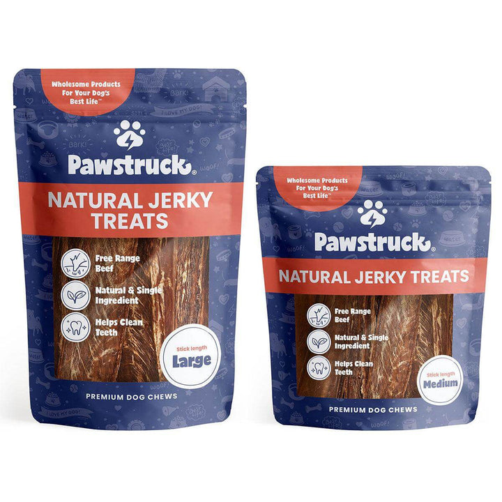 Blue bags of Beef Jerky Joint Health Treats for dogs.