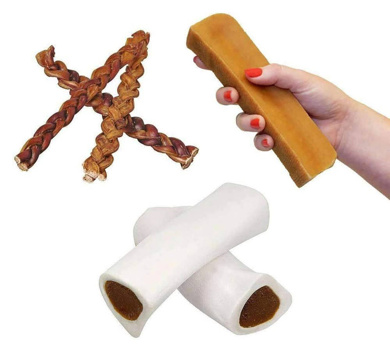 An image showcasing the 12" Braided Bully Sticks, Beef-Filled Dog Bones, and the Large Himalayan Yak Dog Chew