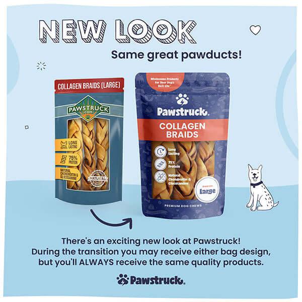 Photograph of new and old Pawstruck product packages with text: NEW LOOK same great pawducts! There&